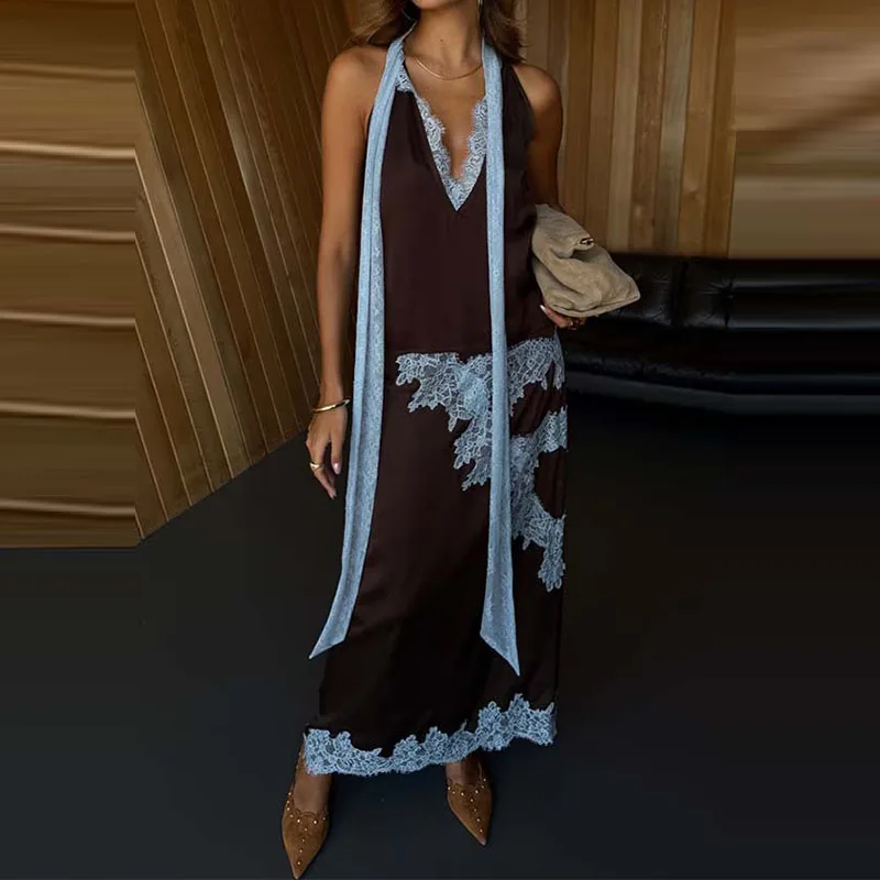 مثير الدانتيل والتطريز الربط تنورة الزي أنيقة الخامس الرقبة الدانتيل متابعة القمم وتنورة طويلة المرأة دعوى عادية أكمام الصلبة الساتان مجموعة #3