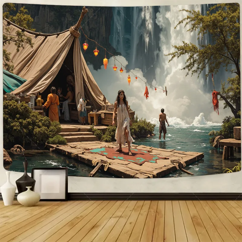 

1 шт. настенный гобелен «бохо-шикарный водопадный гобелен для кемпинга — настенное искусство в деревенском стиле для уличной сцены»