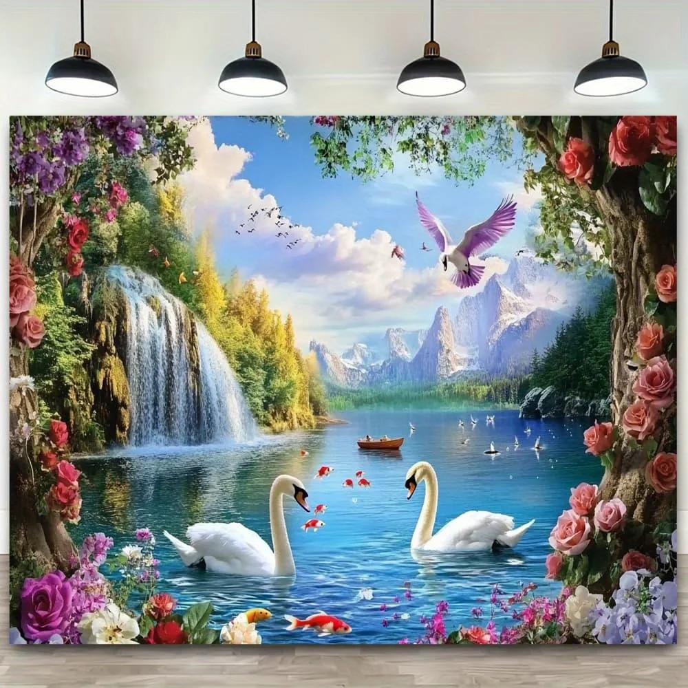 Swan Lake Waterfall Wall Mural 2D Flat Printing Nature Landscape Decor Floral Art Home Interior Design Living Room Wallpaper