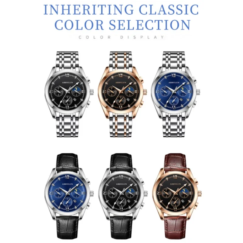 ساعة كوارتز للرجال من Abbylun بقرص أرقام روماني ، ساعة يد للأعمال ، مرحلة القمر ، التاريخ ، جلد مقاوم للماء ،