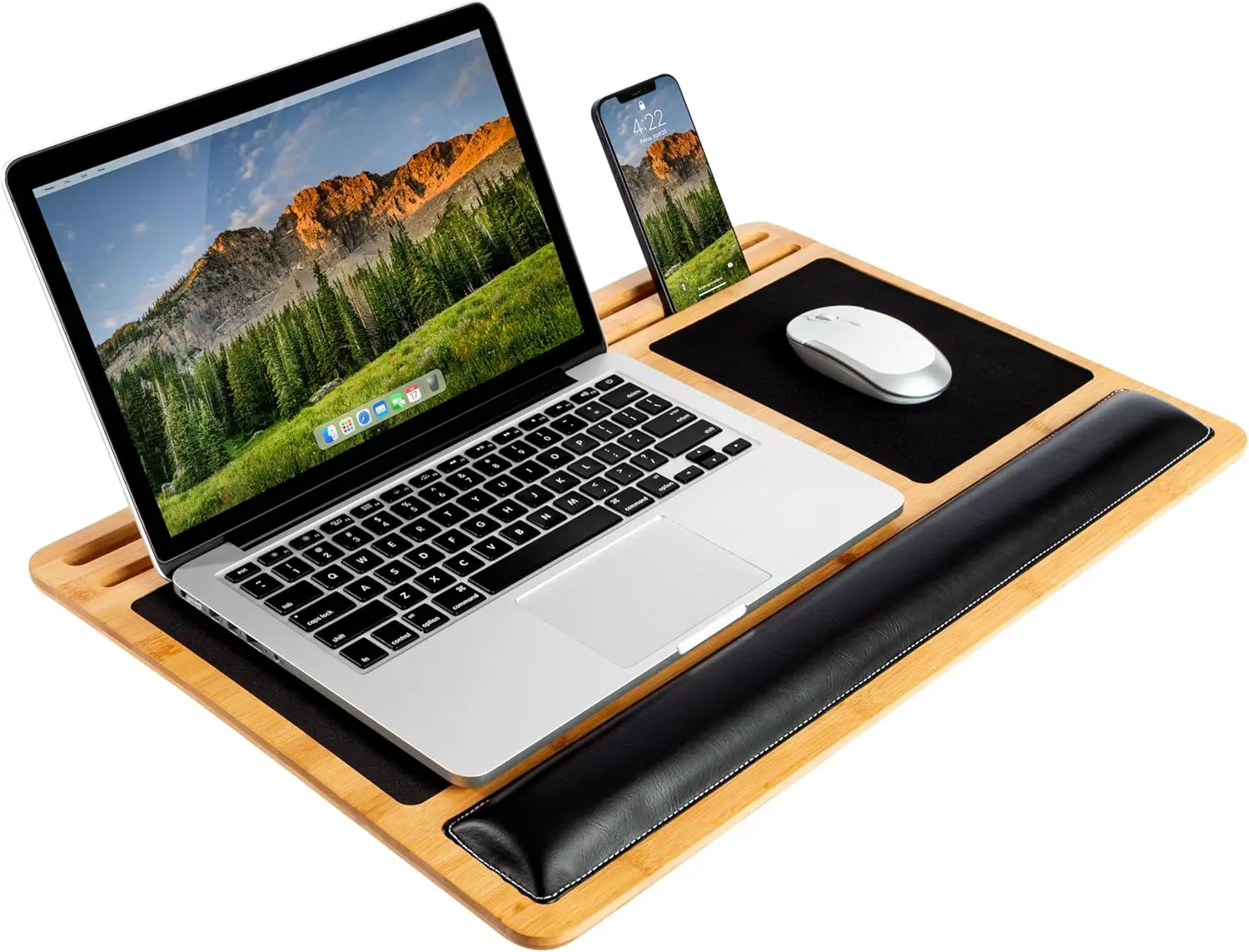 

Natural Bamboo Lap Board with Wrist Rest, Mouse Pads, and Phone Holder for Laptops up to 17.3 Inches