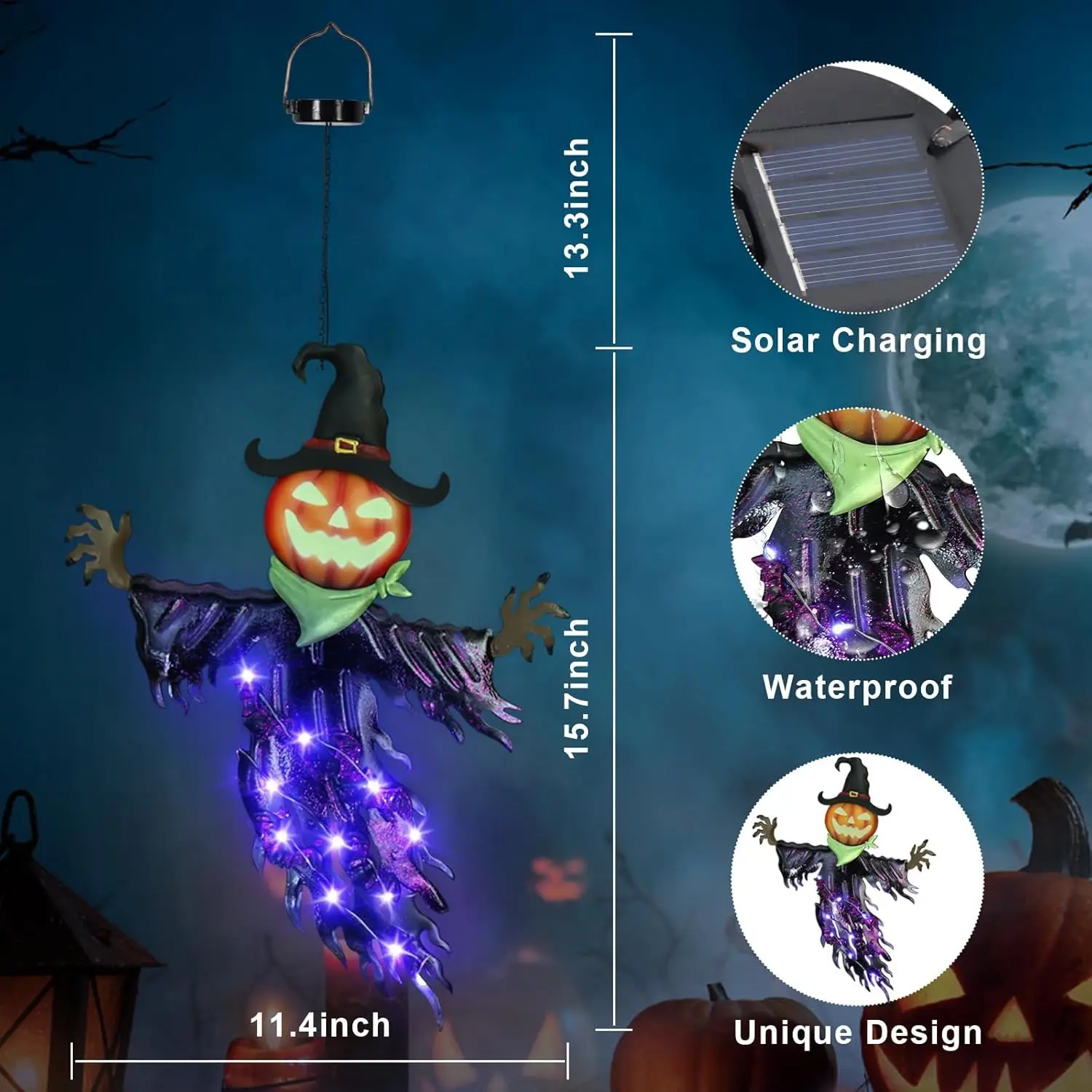 Solar Halloween Metal Hanging Decorations Outdoor, Solar Powered Lighted Metal Pumpkin with Glowing Eyes - view 3