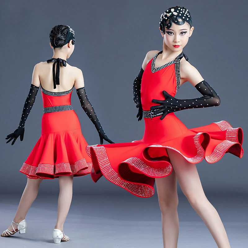 

Summer Girls Red Diamond Latin Dance Dress Children'S Ballroom Dance Competition Costume Kids Professional Party Dresses SL7876