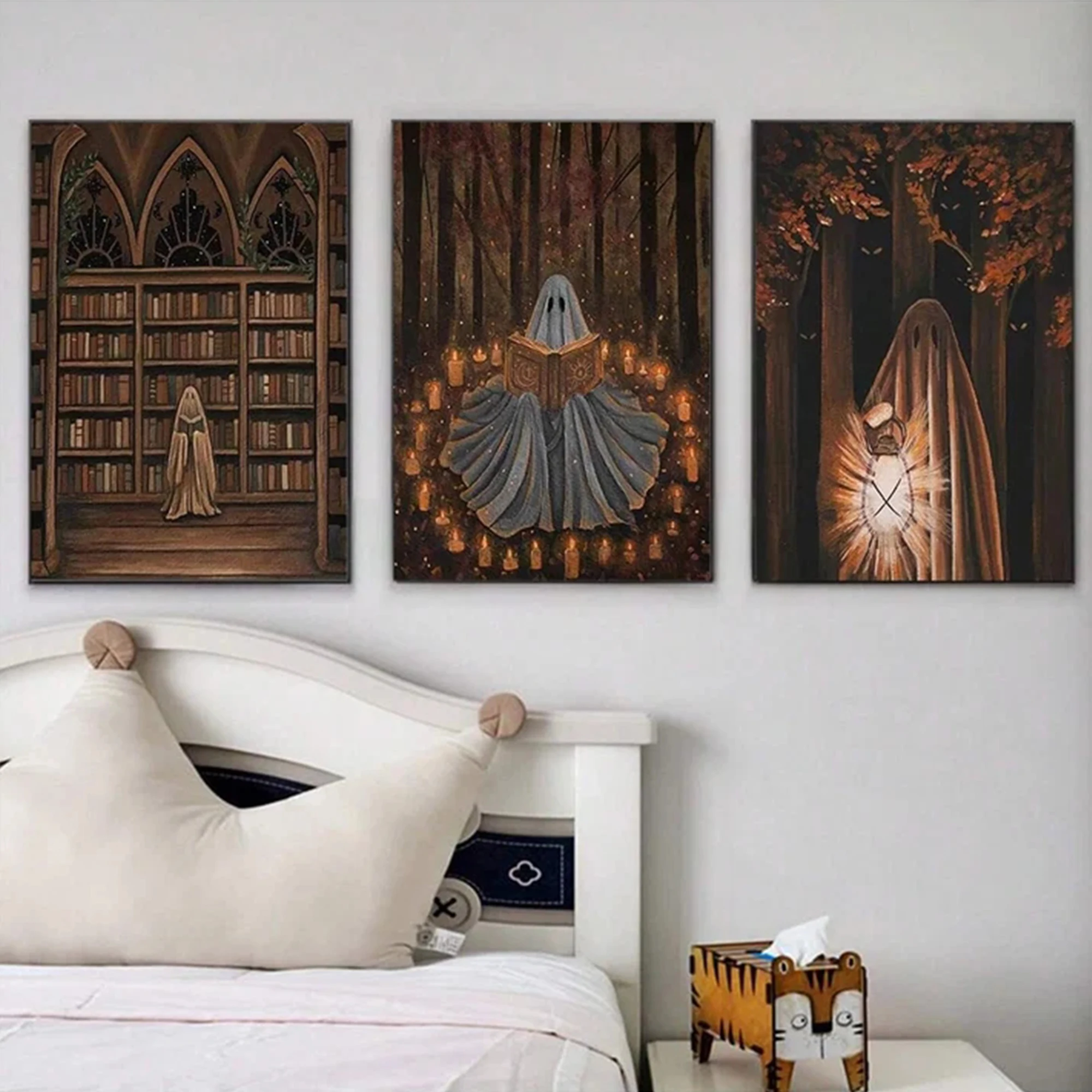 3pcs Modern Halloween Library Ghost Wall Art Print Canvas Painting Poster Picture For Living Room,Bedroom Home Decor