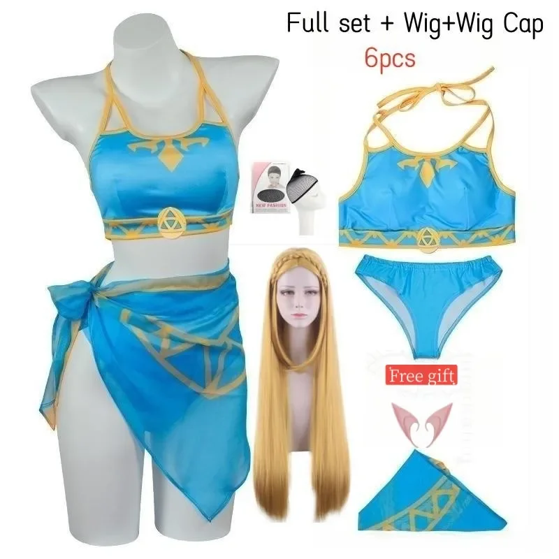 Princess Zelda Cosplay Costume Swimsuit Summer Swimwear Zelda Sexy Swimsuit Cosplay Zelda Ears Golden Long Wig Soft Bikini