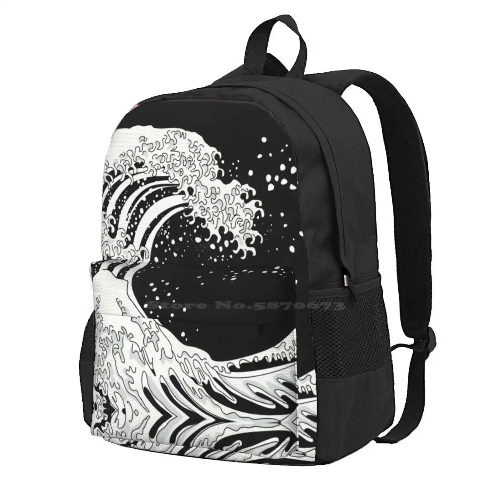 Black And White Great Wave Hot Sale Schoolbag Backpack Fashion Bags Black White Great Kanagawa Surfer Surfing Swimming Ocean