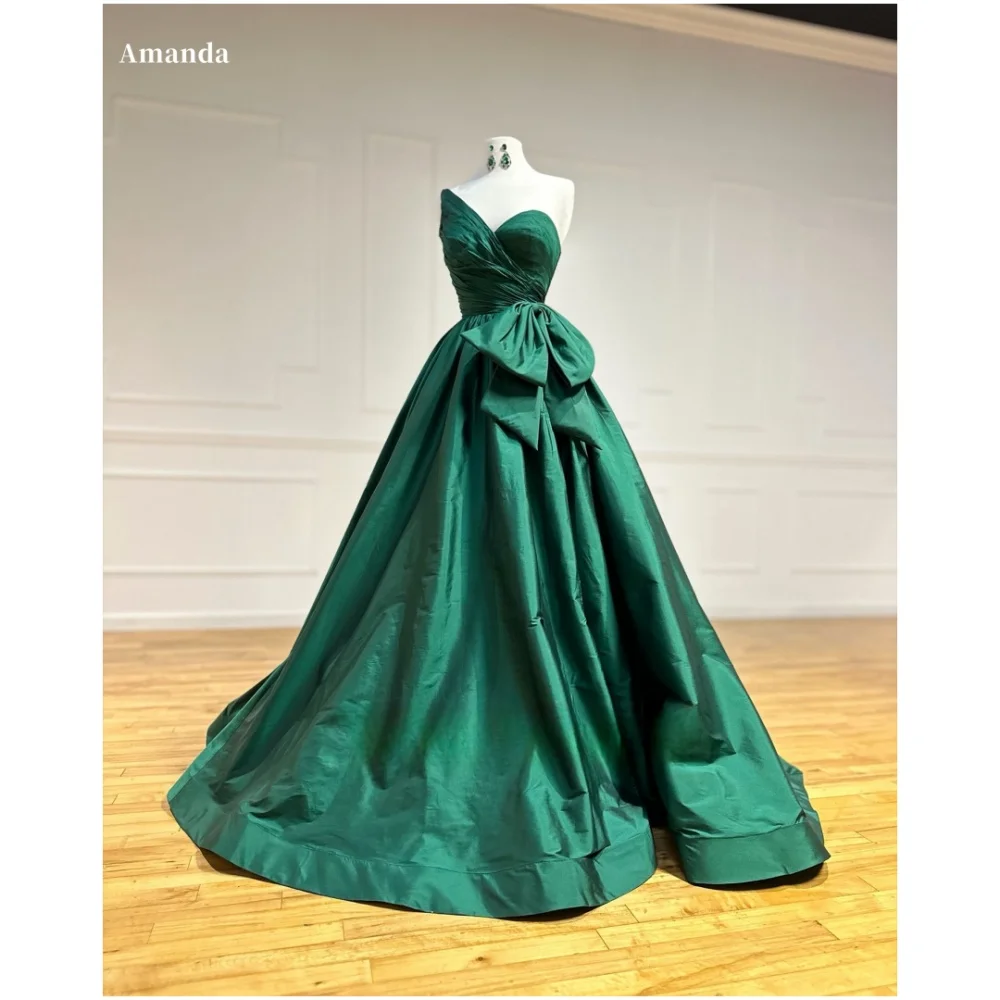 

Amanda Customized Green Bow Slanted Shoulders فساتين سهرات A-line Taffeta vestidos de fiesta Floor-Length A-line Wedding Dress
