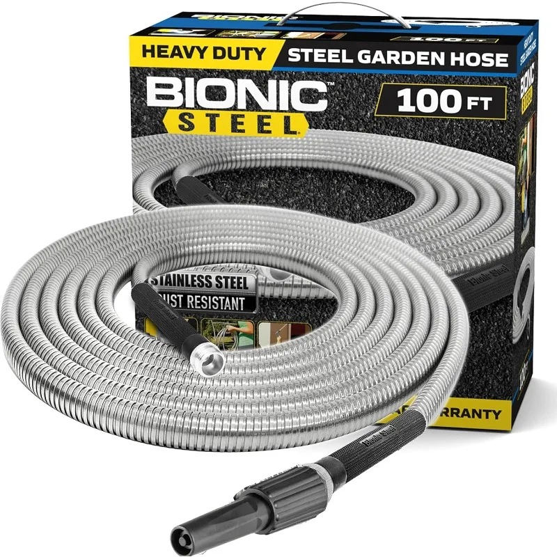 Bionic Steel Metal Garden Hose 100 Ft with Nozzle,304 Stainless Steel Water Hose,Flexible Hose,Garden Hose,Kink Free,Lightweight