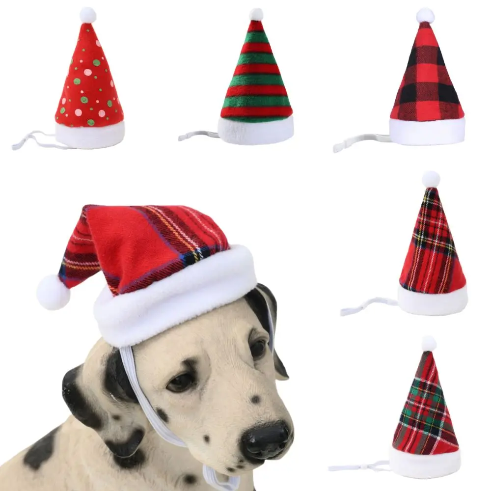 New Christmas Pet Hat Soft Warm Xmas Decor Dog Headwear Red Plaid Costume Accessories for Puppy Cat