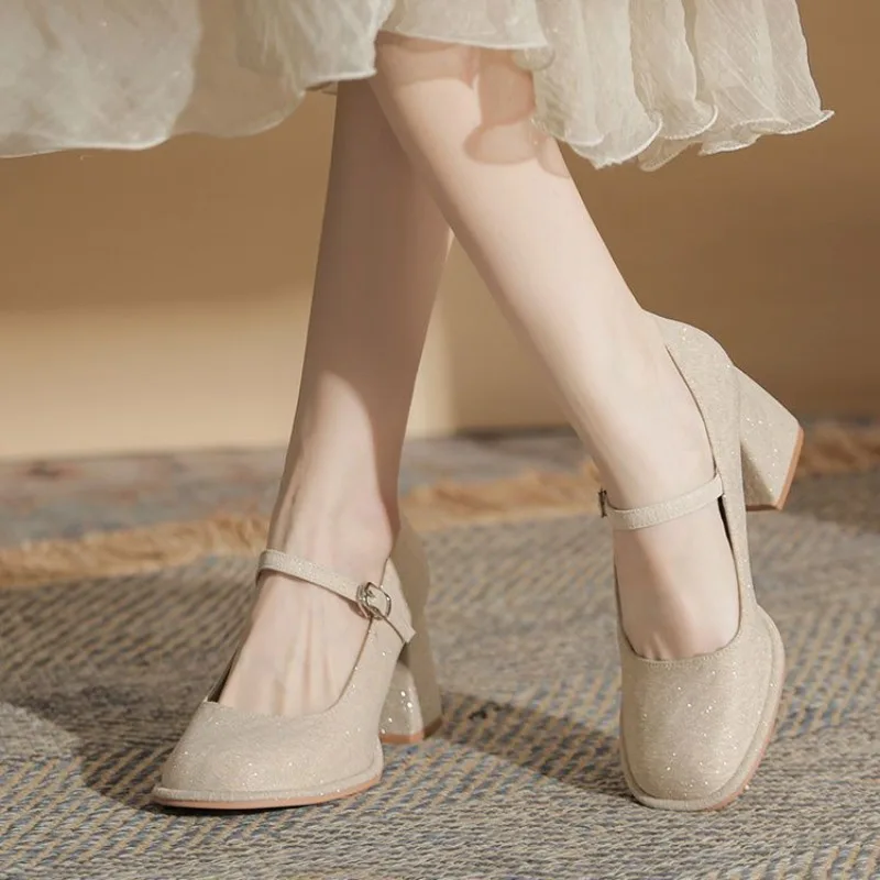 Aprikose, quadratische Zehenpartie, klobiger Absatz, Mary Jane-High-Heels für Damen, Abendkleid-Schuhe, bequeme Hochzeitsschuhe mit PU-Leder