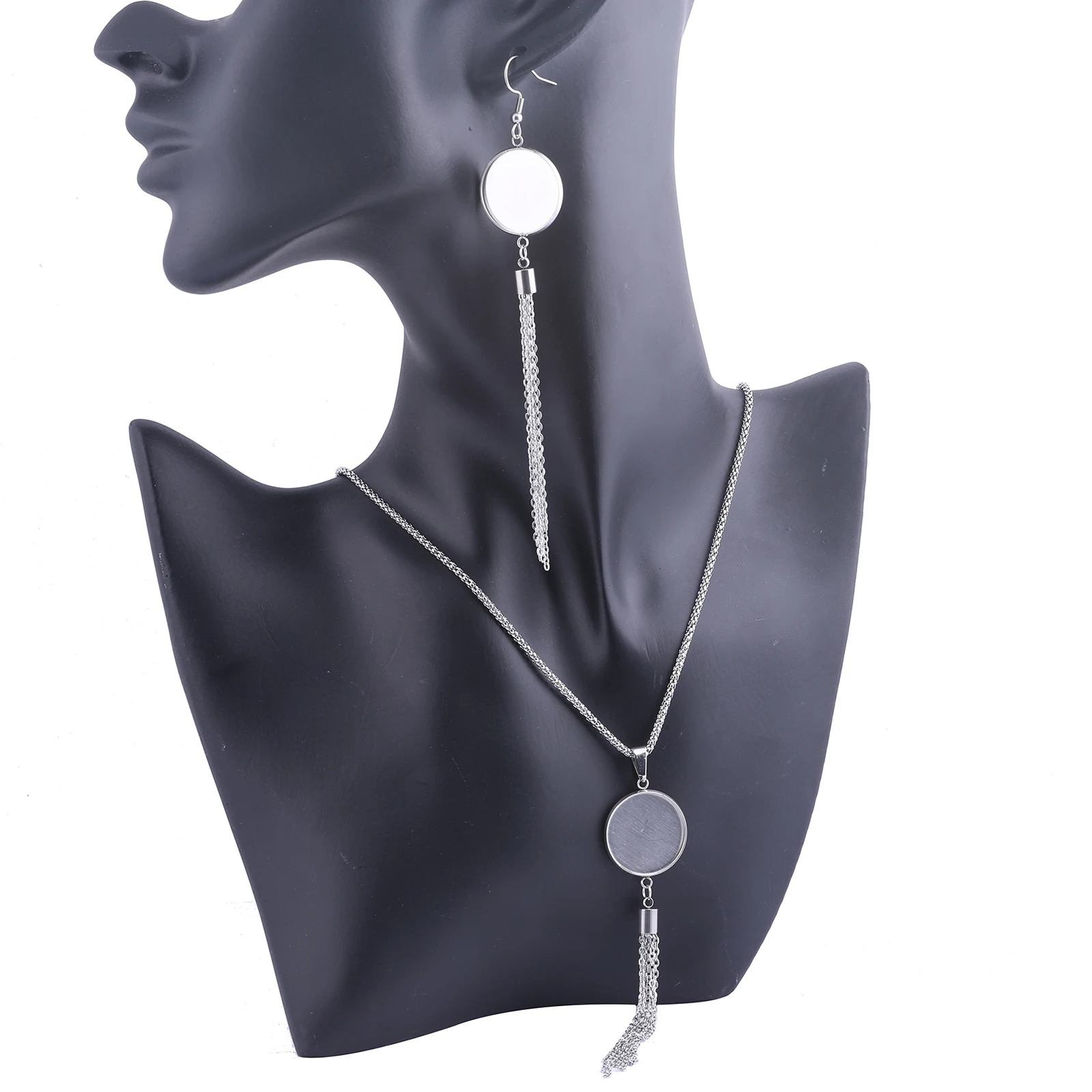 2 szt. Stal nierdzewna 20mm Cabochon kolczyk podstawa ustawienia Diy łańcuszek wisiorek naszyjnik Bezel puste tace z frędzlami Charms