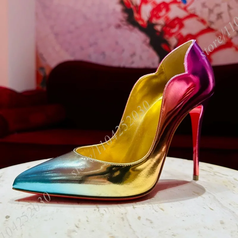 

Red Gradient Color Stiletto Pump Girls Luxury 12Cm Heels Pointed Mirror Gold Luster Party Dress Evening Sandal Women Hollow Shoe