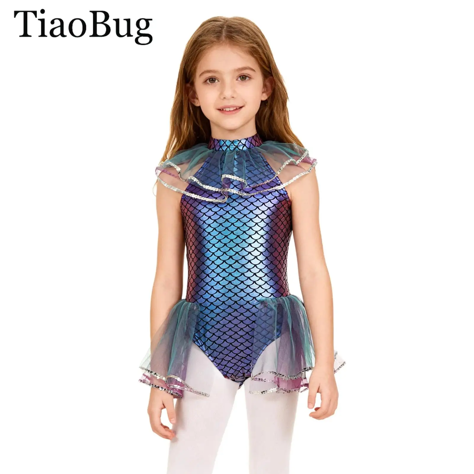 

Girls Halloween Mermaid Cosplay Jumpsuit Gymnastics Leotard Ballet Tutu Dress Fish Scales Metallic Sequin Bodysuit +Arm Sleeves