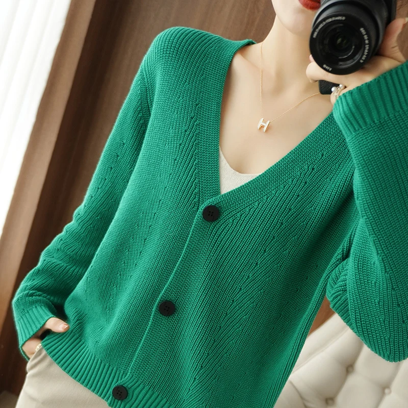 

Spring Autumn New 100% Cotton Knit Cardigan Women's V-neck Jacket Loose Sweater Solid Large Size Shirts Casual Jacket Trendy Top