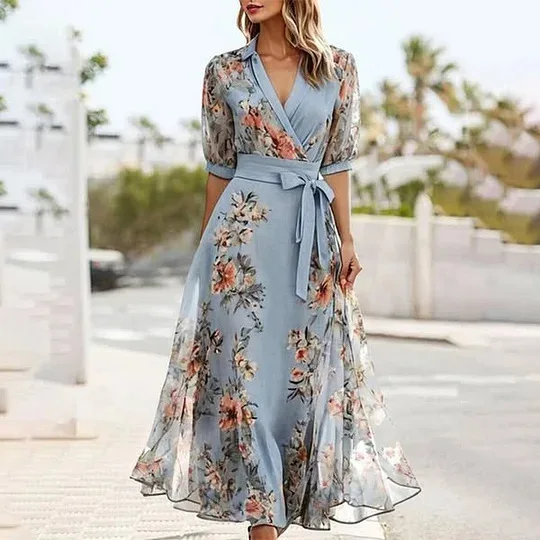 

2025 Women's Fashion Short Sleeve V-neck Digital Print Slim Waist Dress