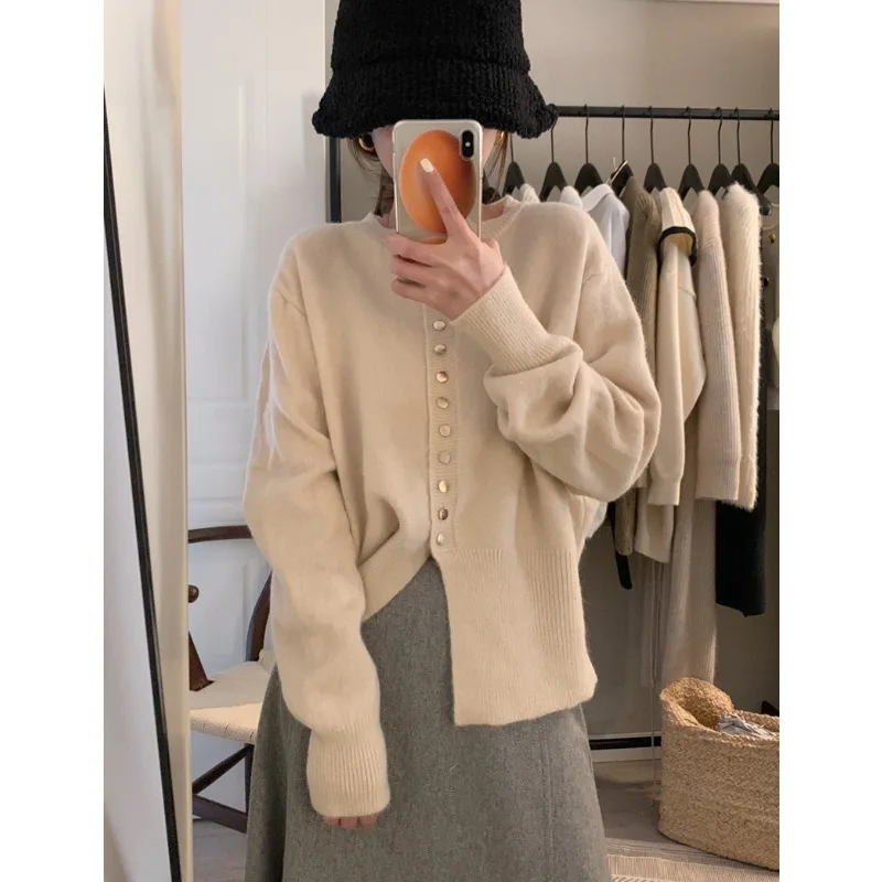 Autumn Long Sleeve Round Neck Women Cardigan Sweater Knitted Coat French Casual Single Breasted Korean Slim Chic Slit Ladies Top