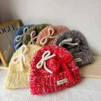 Coral Fleece Bow Blended Wool Beanie Hat Female Korean Ins Blogger Plush New Knitted Wear Cold Hat Tide