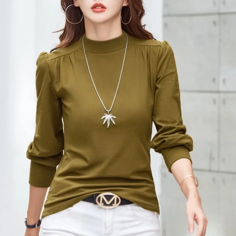 Herfst En Winter Dames Pullover Effen Kleur Half Hoge Hals Onderlay Lantaarn Lange Mouw T-Shirt Mode Casual Elegante Tops