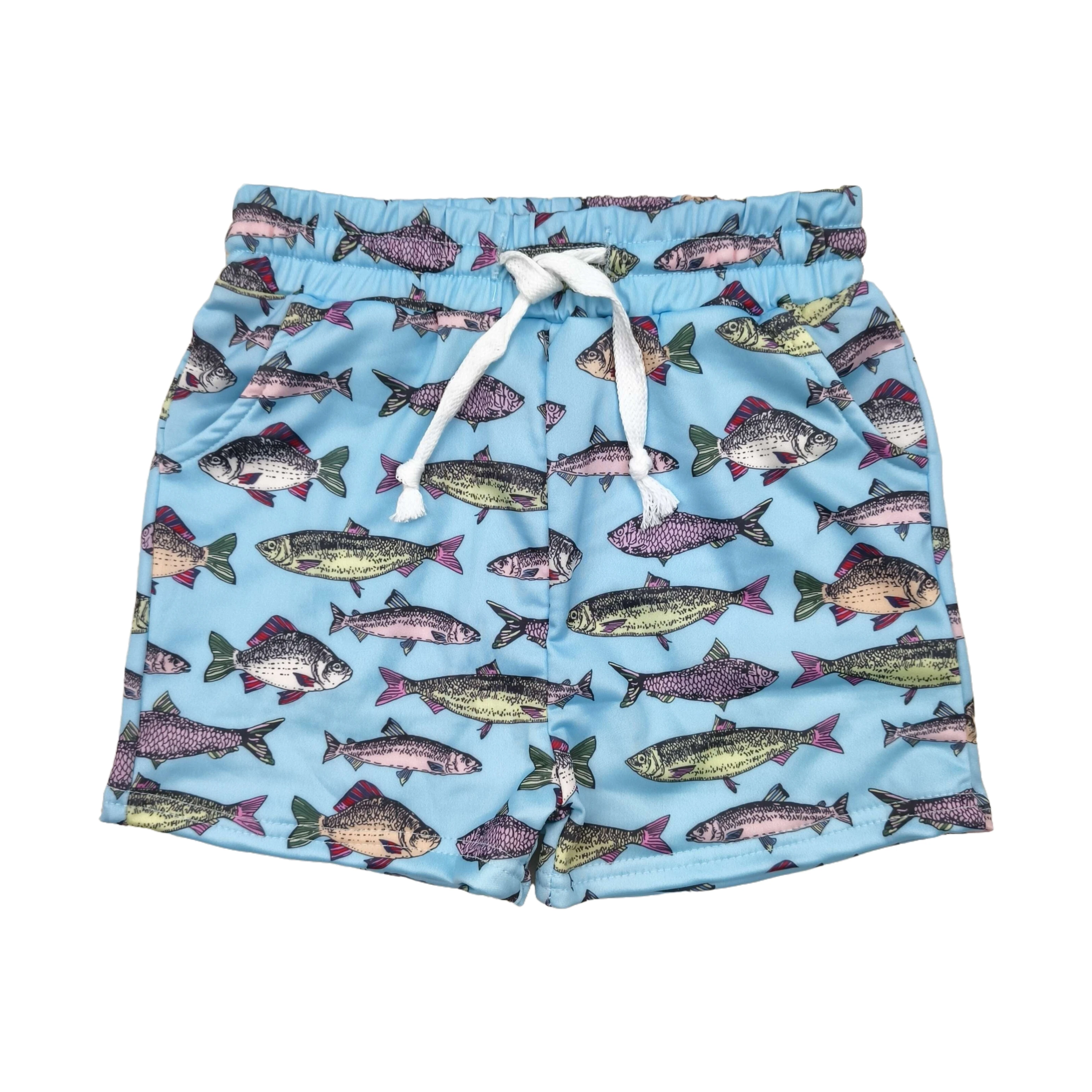 

Wholesale Boutique Baby Boy Fishes Swimming Trunks Pockets Elastic Waist Bottom Clothes Toddler Kids Children Summer Shorts