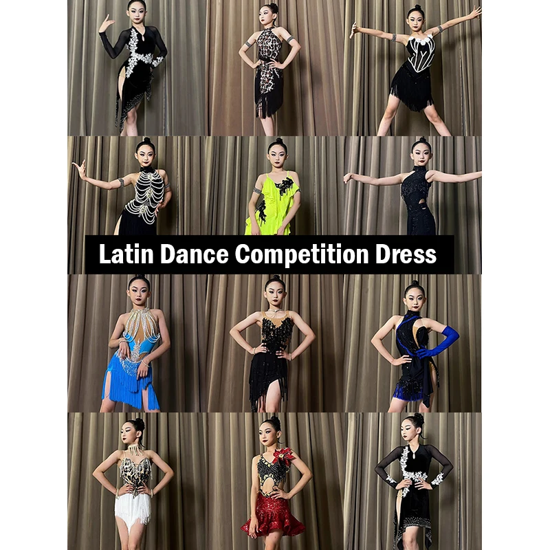 Kids Girls Latin Dance Costume Competition Dress Cha Cha Rumba Samba Dance Performance Clothes Rhinestone Fringe Dress DNV21003