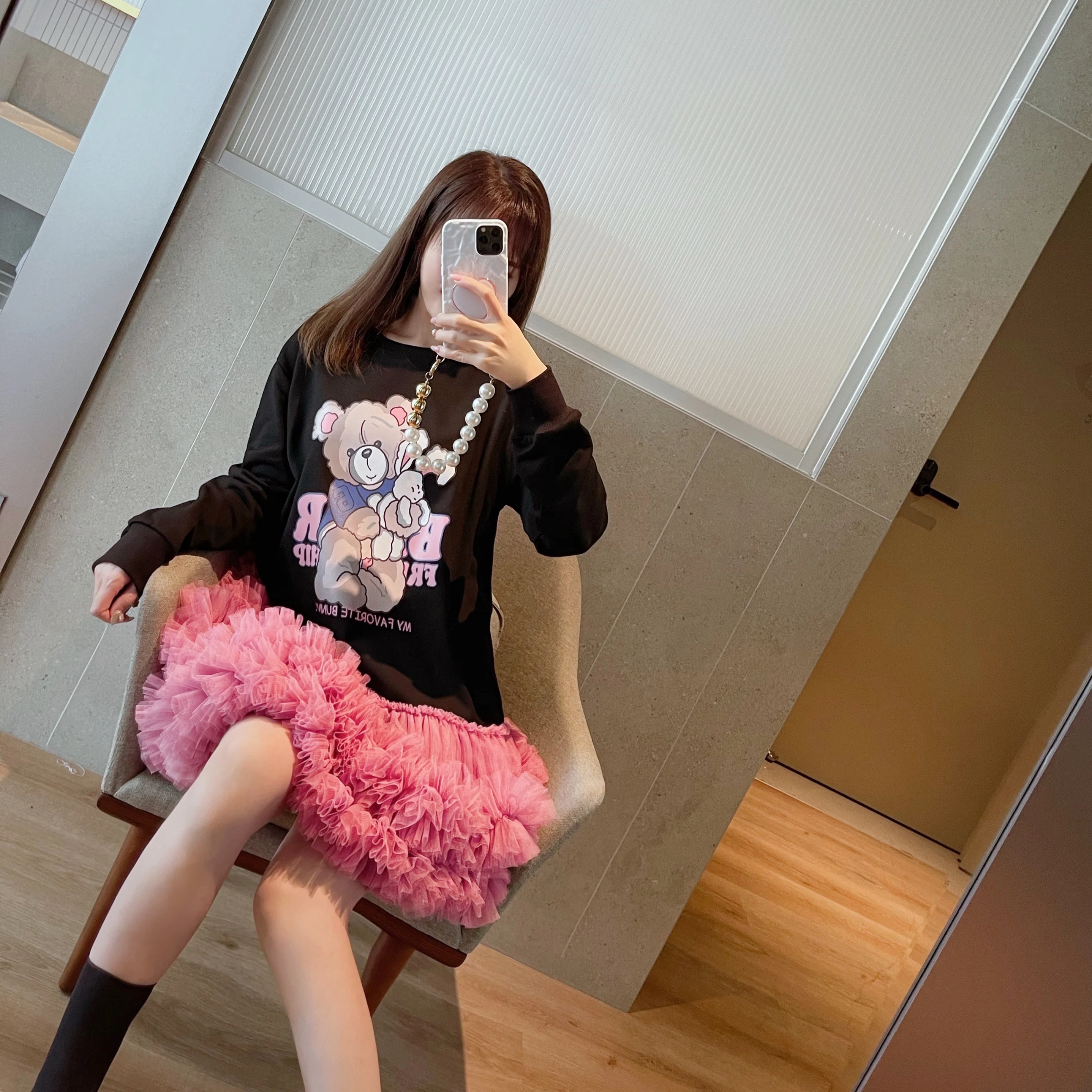 Cartoon Bear Dress Women Spring Autumn Loose Long Sleeve Sweatershirt Stitching Heavy Industry Net Yarn Pettiskirt Cute Dress