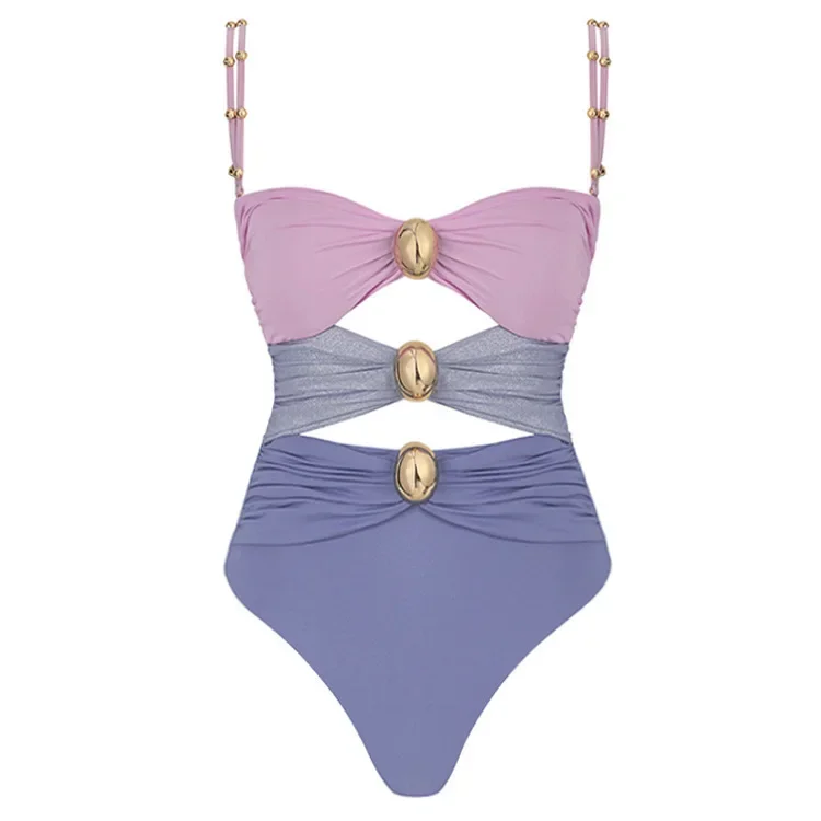 Para Praia  Patchwork One Piece Swimsuit with Chain 2025 Swimwear for Women Sexy High Cut Bathing Suit High Waist Monokini