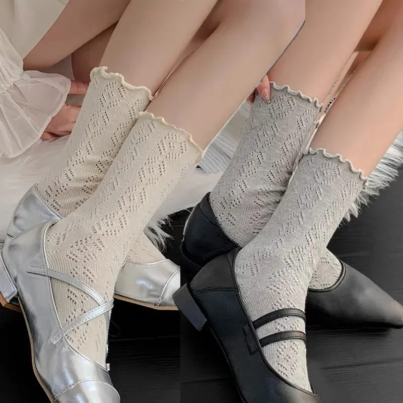 1/3Pairs Sweet Hollow Mesh Socks Women Solid Color Spring Summer Breathable Mid-tube Stockings Girls Cotton Lace Roll Edge Socks