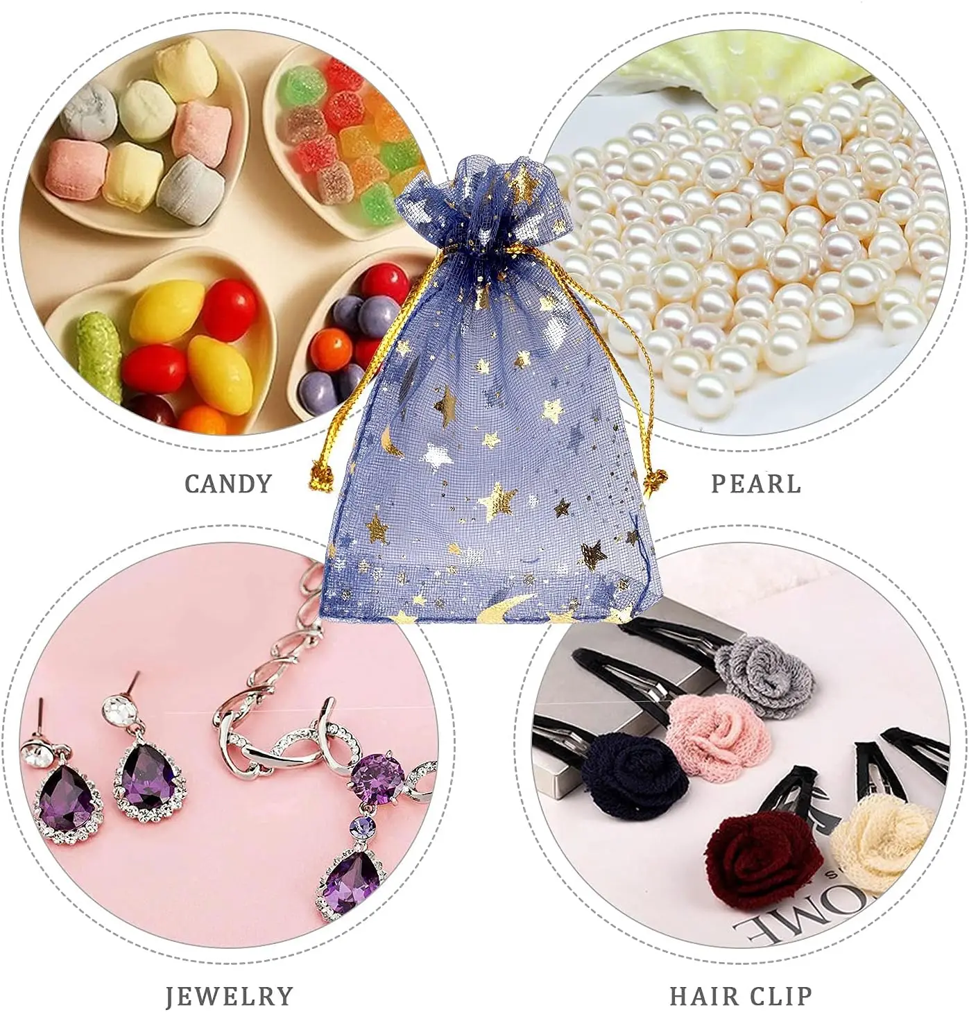 100 Stück 7x9cm Mond-Stern Organza Schmuck- und Süßigkeitentaschen Marineblaue Organza-Beutel Kleine Geschenktaschen mit Kordelzug – Detail 6