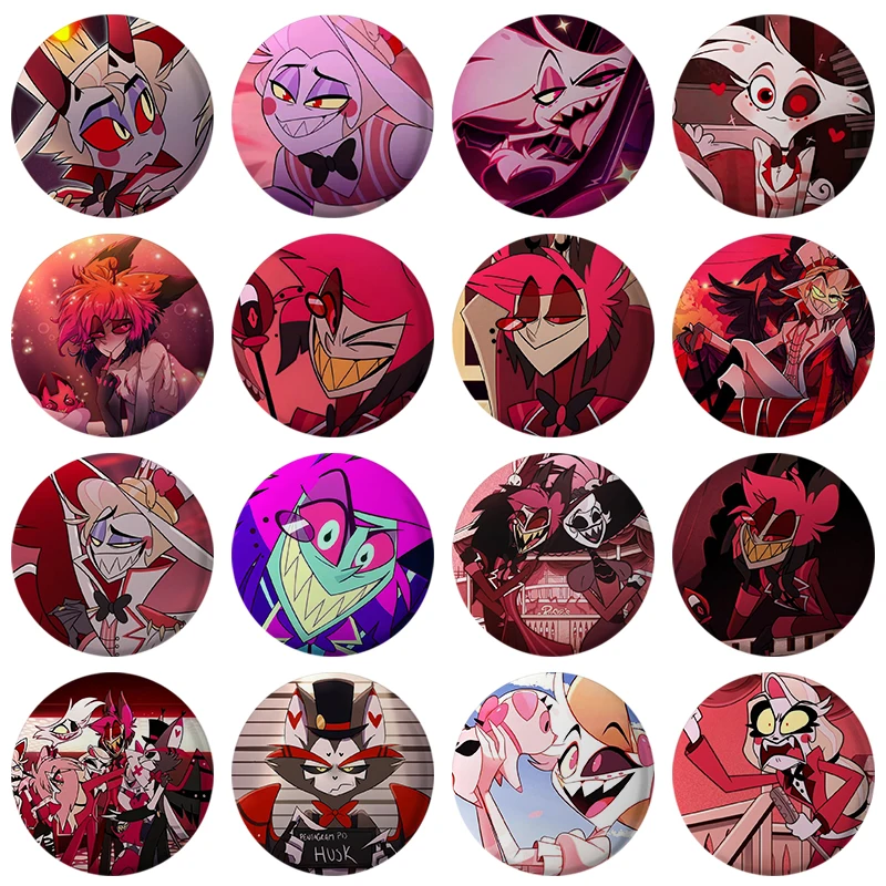 58mm Hot Anime Hazbin Button Pin Funny Cartoon Vox Alastor Husker Charlie Cute Brooch Badge Bag Decor Fans Collect Gift