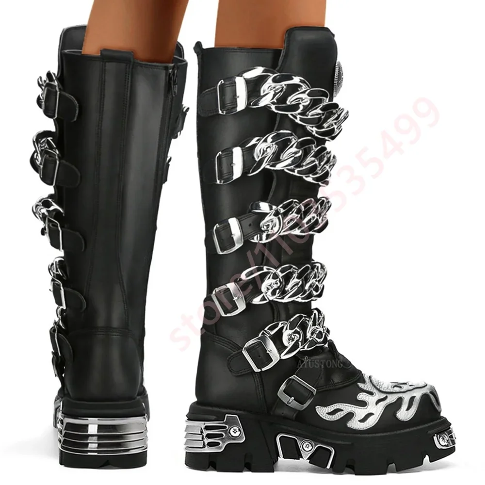 2026 Cyberpunk Metal Chain Motorcycle Boots New Fashion Black Thick Sole Round Casual Knight Boots Street Rock Thick Heel Boots