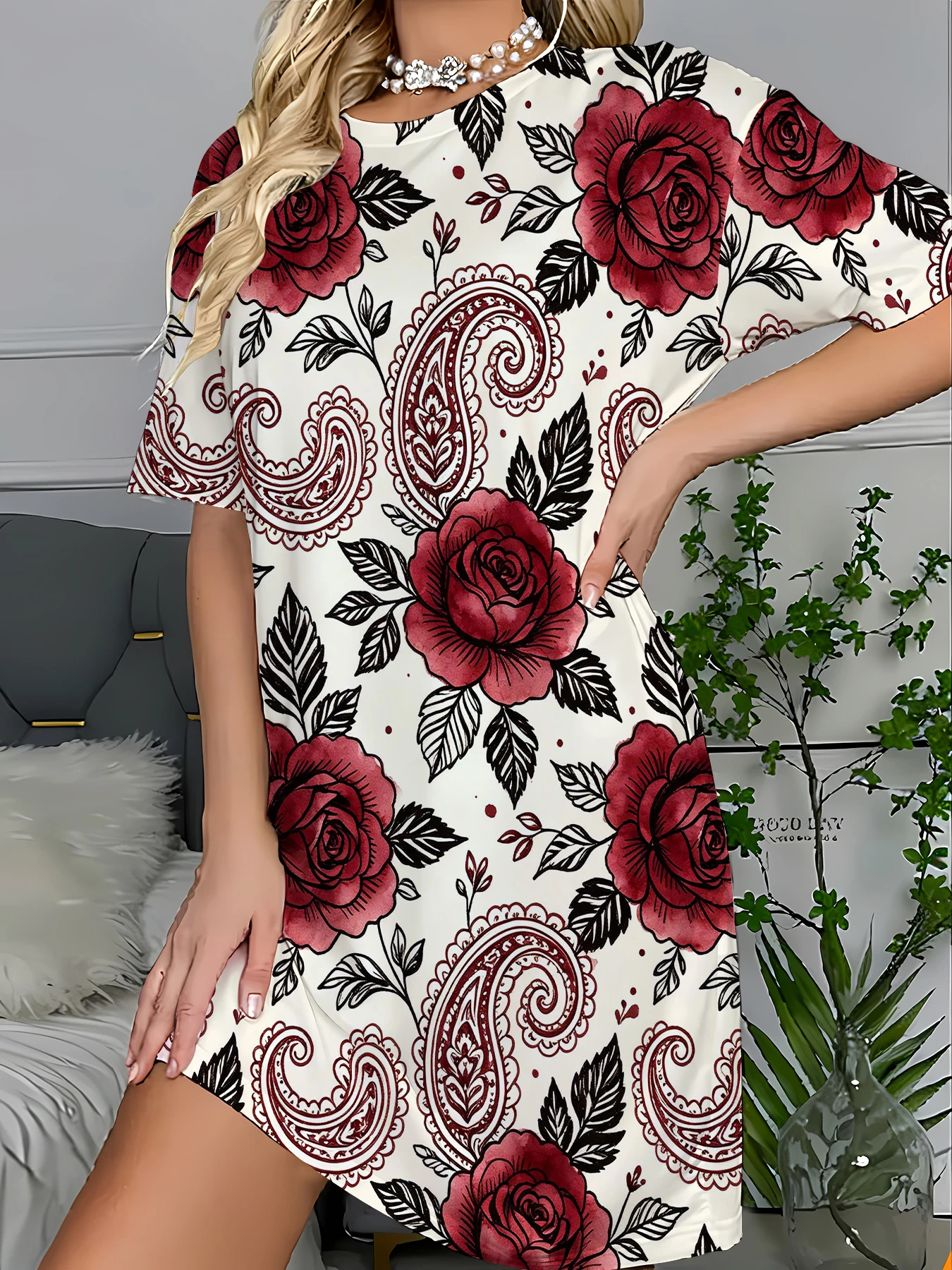 Boho Print Long Sleep T-Shirt Dress Women Vintage Knit Summer Nightgown