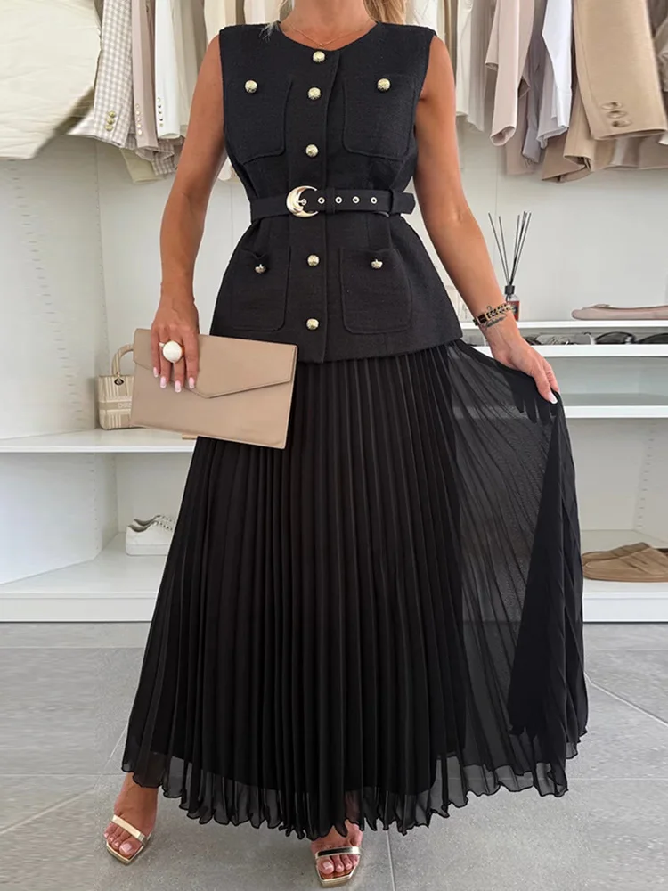 Ladies Sets Two Pieces Office Clothing, Maxi Shirts Sleeveless Buttons Coat Sets, Women Spring Summer Slim Fit Lace-Up Outfits