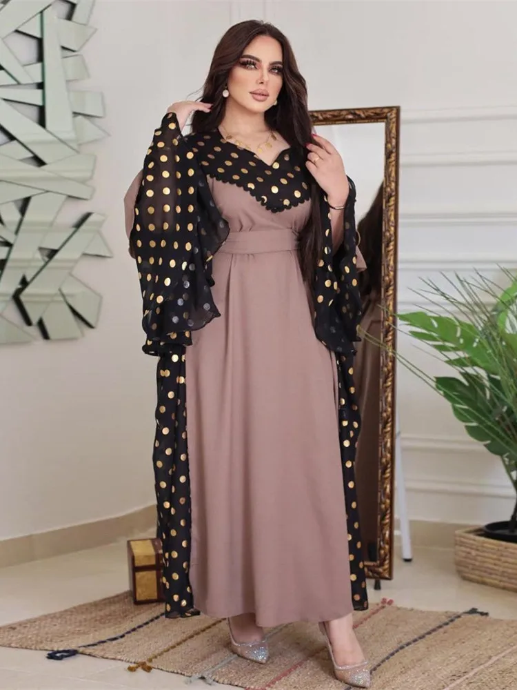 Moroccan Abaya Muslim Dresses Women Clothing Flare Sleeve Dubai Arab Vestidos Kaftan Gown Robe Musulman Long Dress Polka Dot