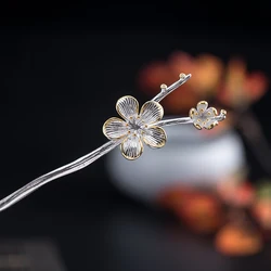 925 Silver Glossy Peach Blossom Hair Jewelry Fresh Ethnic Style Sweet Flower Hairpin Classic Tiara Cheongsam Hanfu Accessories