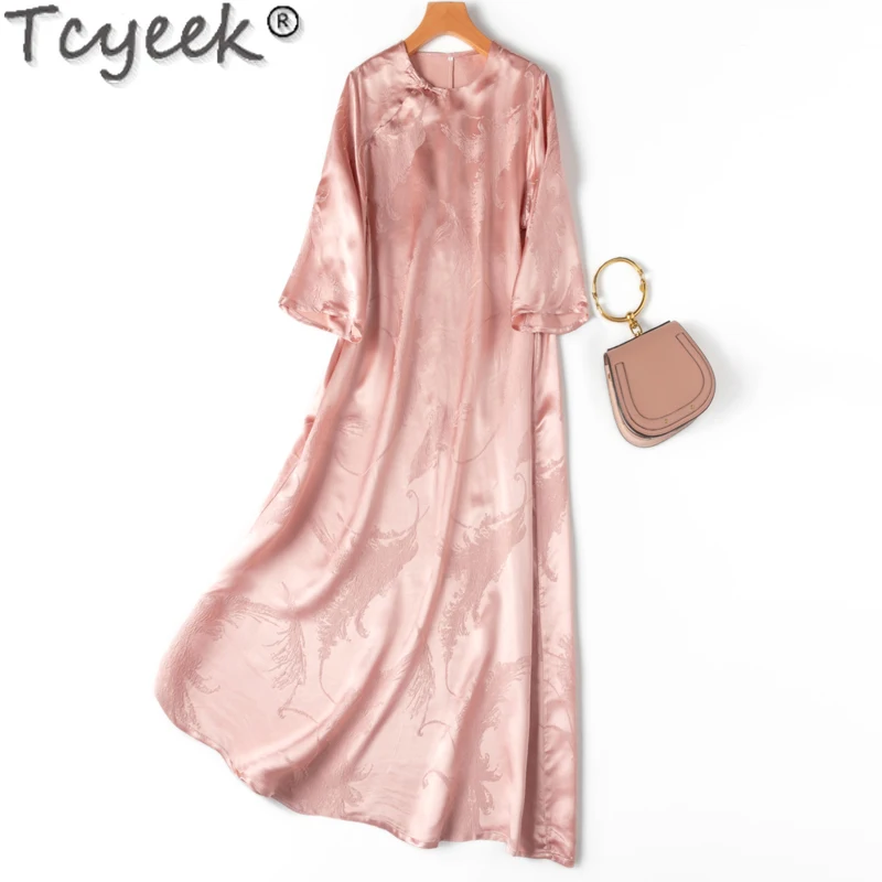 

Tcyeek 30MM 50% Mulberry Silk Long Dresses for Women Spring Summer Clothes Elegant Women's Dresses Chinese Style 2024 Vestido