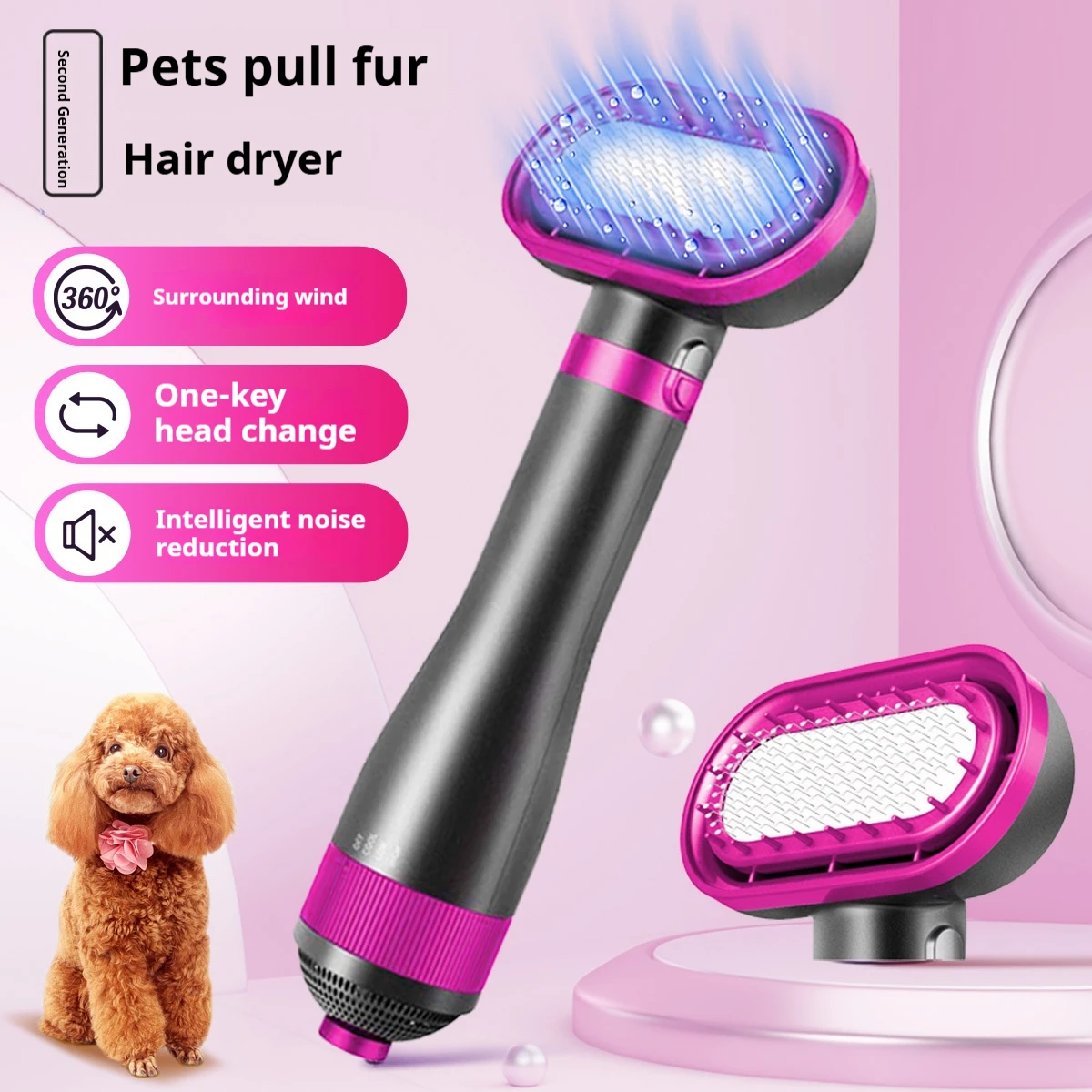 

Pet Blower Low Noise Pet Hair Dryer and Hair Dryer Brush - Dog Grooming Drying Tool That Doesn't Damage Fur