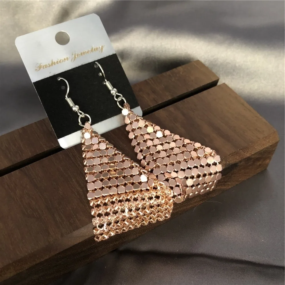 Exaggerated Geometry Metal Sequins Earrings Rose Gold Glitter Punk Tassel Earring Shine Mesh Long Dangle