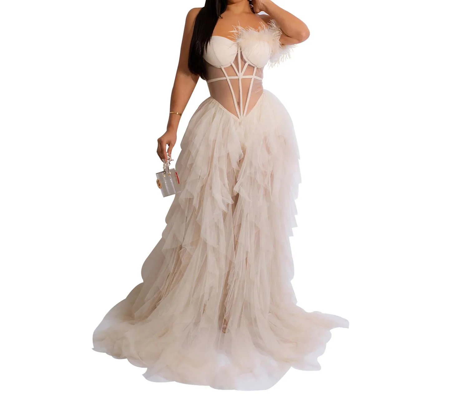 Neue Mode Sexy Ärmelloses Trägerloses Mesh Sheer Fit Und Flare Einfarbig Slim Fit Bodenlanges Kleid Für Frauen, 4 farben