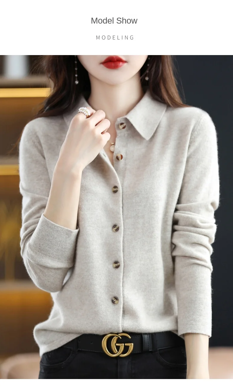 2024 Damen-Strickjacke mit POLO-Kragen, Basic, vielseitig, oben aus gesponnener Wolle, eleganter einreihiger Pullover DMR 430 – Detail 13