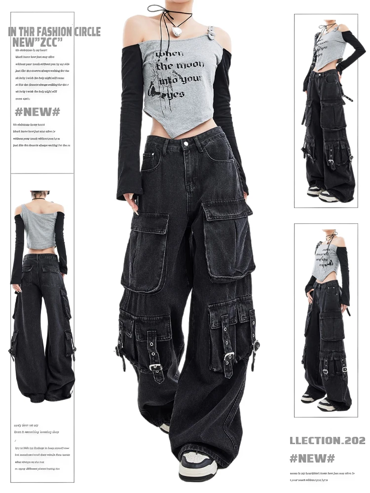 

Джинсы American Vibe Heavyweight Bla Multi-ket Workwear, женские, осенне-зимние, свободные, широкие, в пол, в рабочем стиле