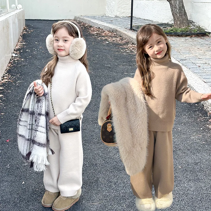 

Children Clothing Set 2023 Winter New Girls Soft Fashion Turtleneck Solid Color Casual Sweater Knit Top and Pants Two Piece Set