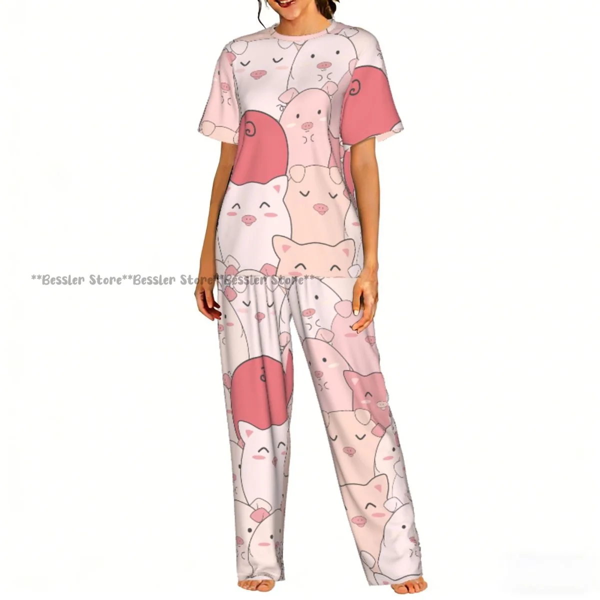 

Women Pajama Sets Lounge Sleepwear Cute Pink Pigs Short Sleeve Nightwear