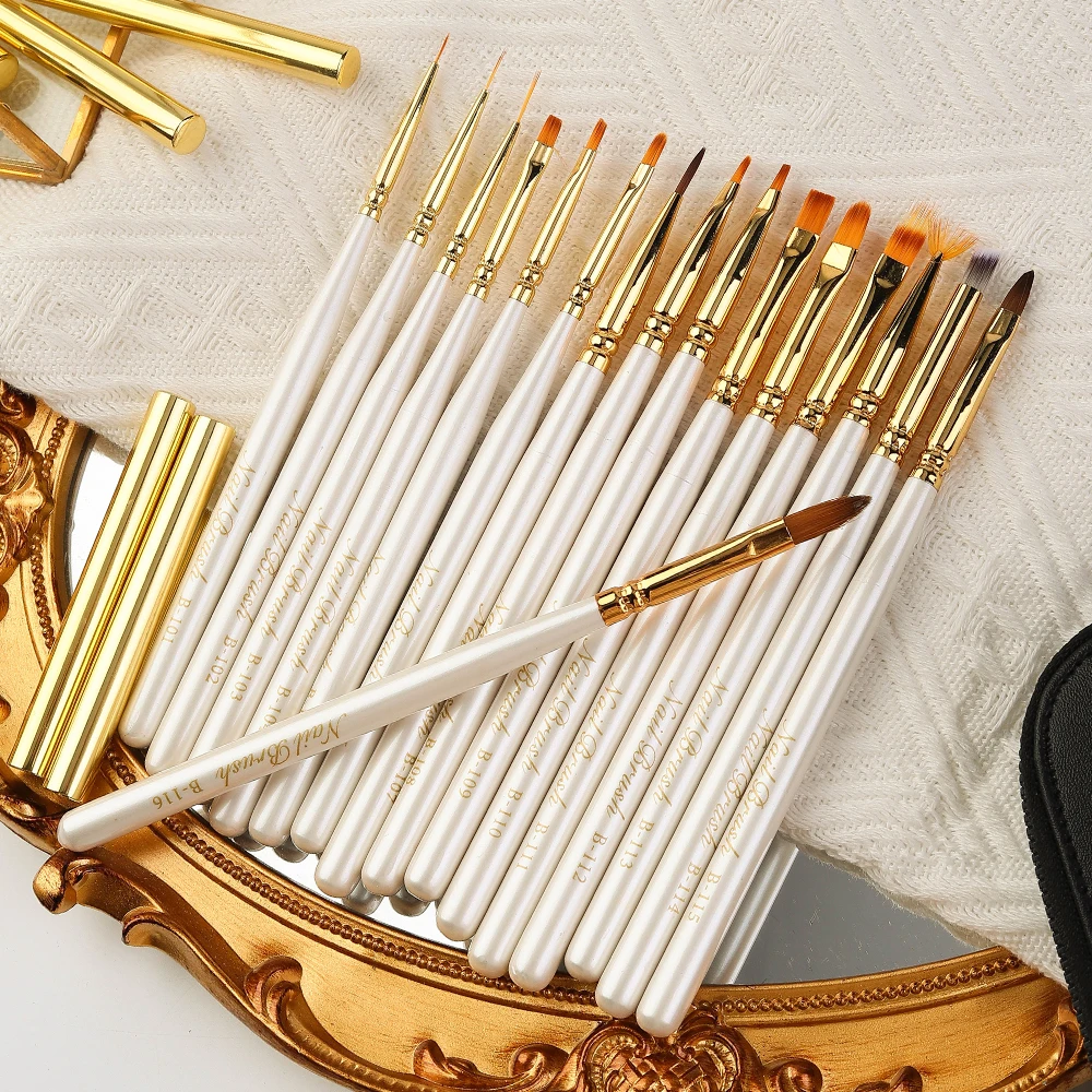 Sweet-Z 신제품 1/16pcs 브러쉬 세트 도구 그림 키트 흰색 금속 손잡이 전체 네일 아트 나일론 뷰티 케어 네일 브러쉬 도매