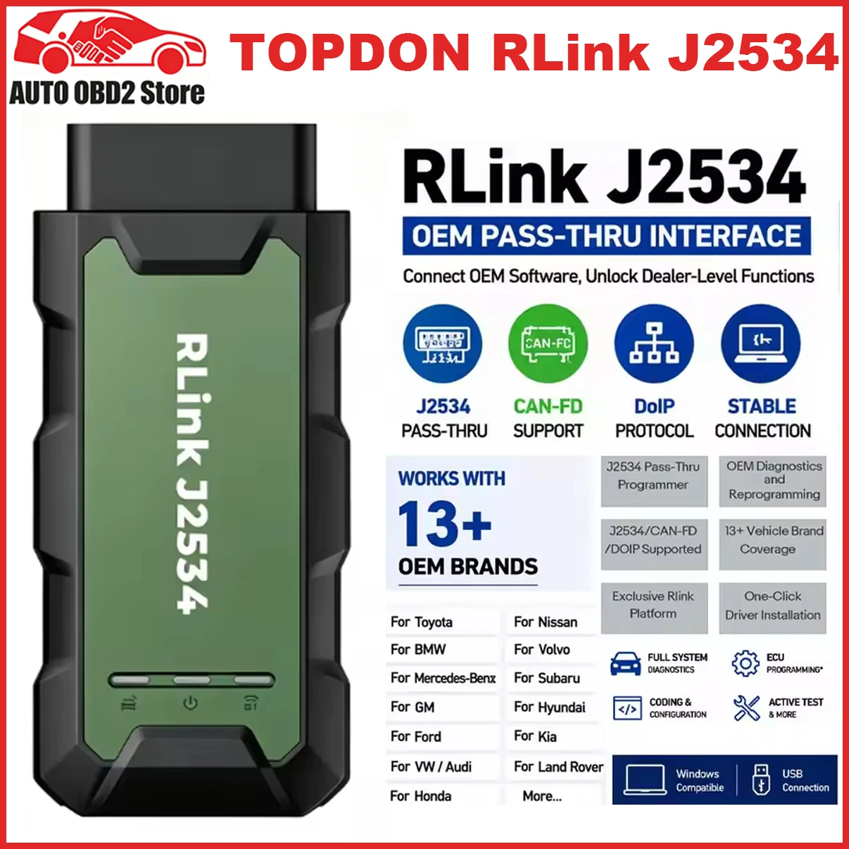 Topdon Rlink J2534 Pass-Thru VCI OEM Reprogramming Diagnostic Tool Supports J2534 D-PDU CAN-FD DoIP Compatible with 17+ Brands