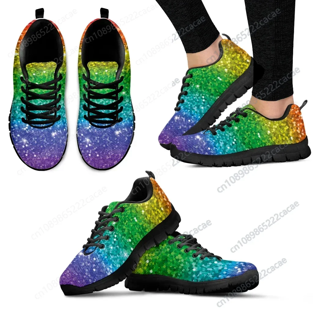 

Cool Rainbow Glitter Texture Printed Girls Flat Shoes Breathable Slip-on Mesh Sneakers Outdoor Lace up Scarpe Donna