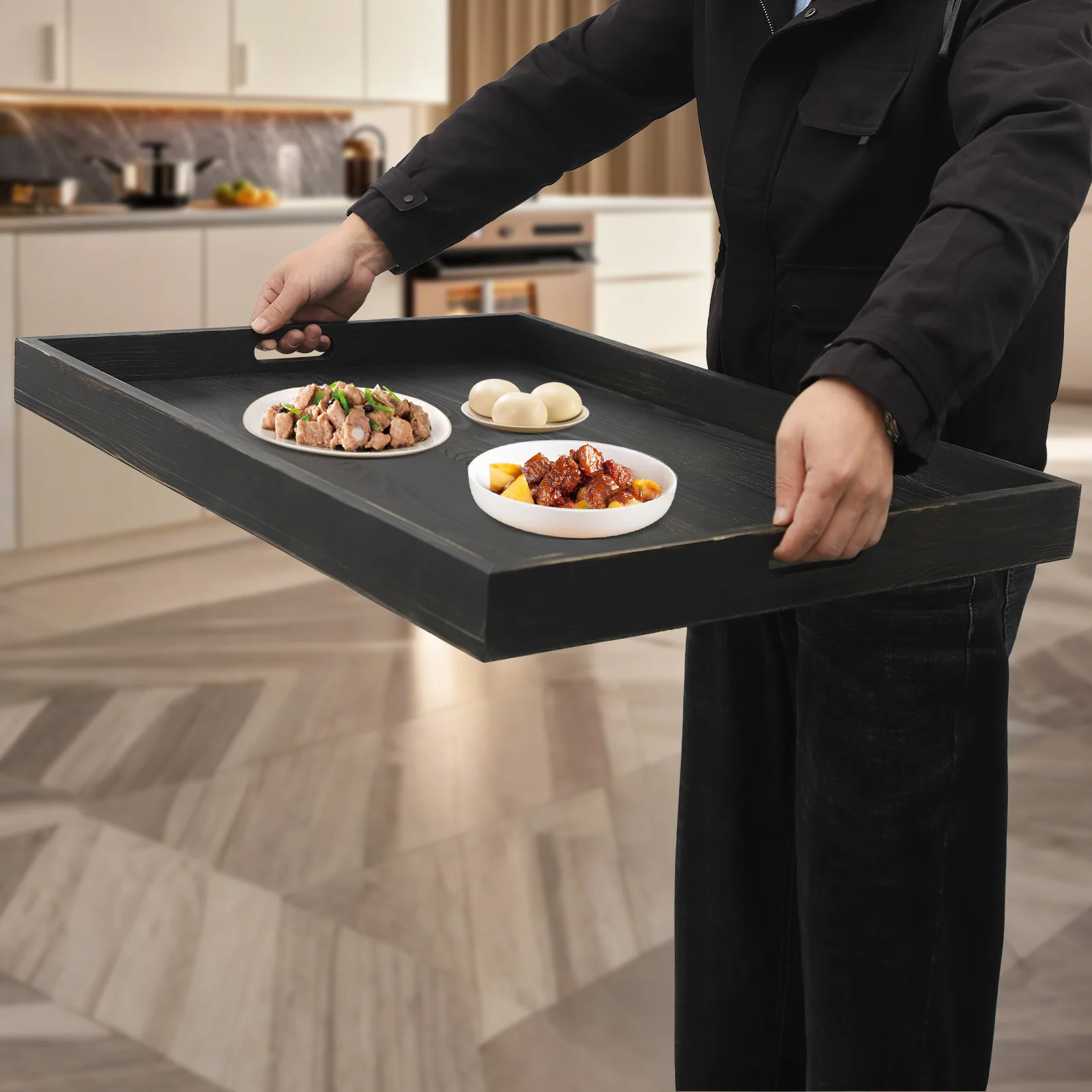 

Large Noodle Board Stovetop Cover, Farmhouse Kitchen Decor, Rustic Pine Wood Stove Cover, Black Retro Rectangular Serving Tray