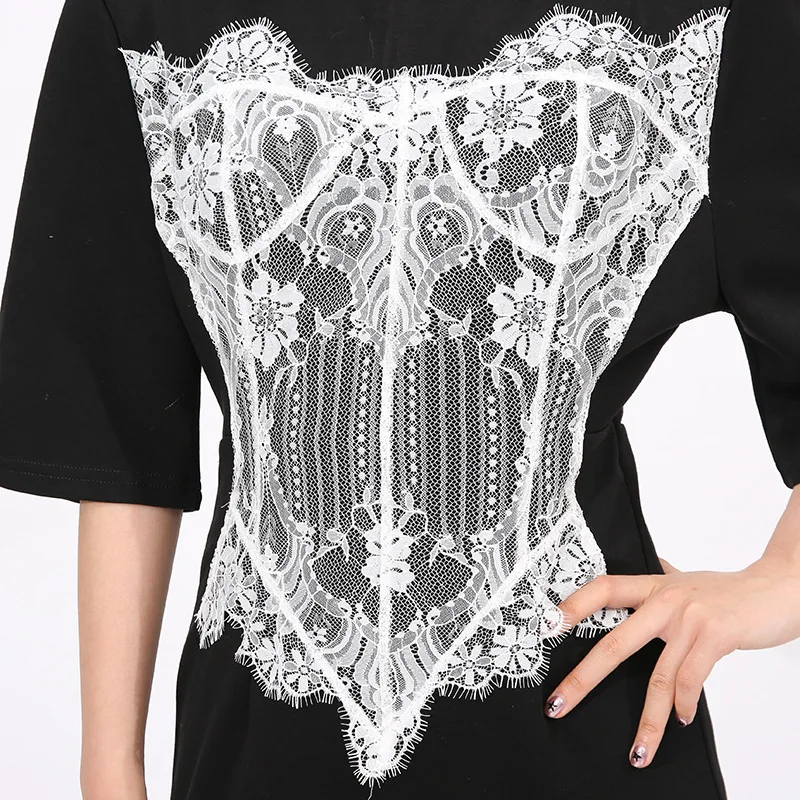 HKSH Spring Summer New Women Long Dress Short Sleeve Spliced Lace Color Block Belt Padded Shoulder Split Elegant Dresses HK16630