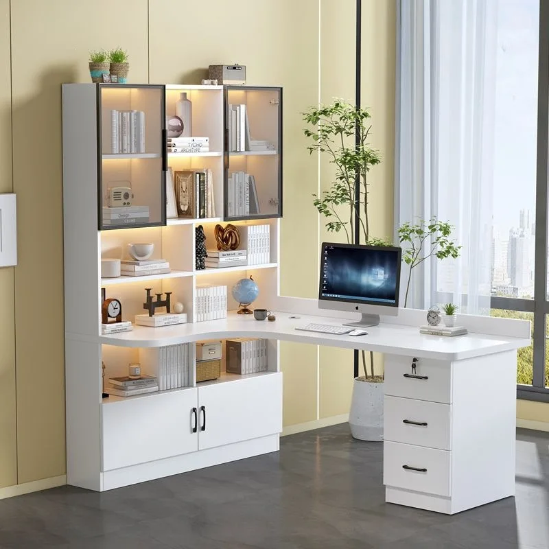 Solid wood corner computer desk bookcase bookshelf integrated office home bedroom writing study table