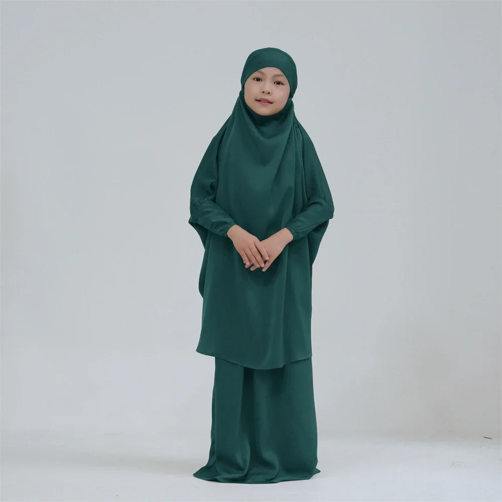 Jilbab-Ensemble 2 pièces en satin pour filles, robe de prière pour enfants, Hijab, tiens imar Abaya + jupe, Ramadan Eid, vêtements islamiques,