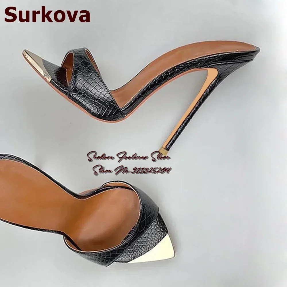 Surkova Pink Snaskeskin Gold Metal Steel Tip Toe Sandals Sexy Python Pattern High Heel Modern Slippers Slip-on Dress Shoes